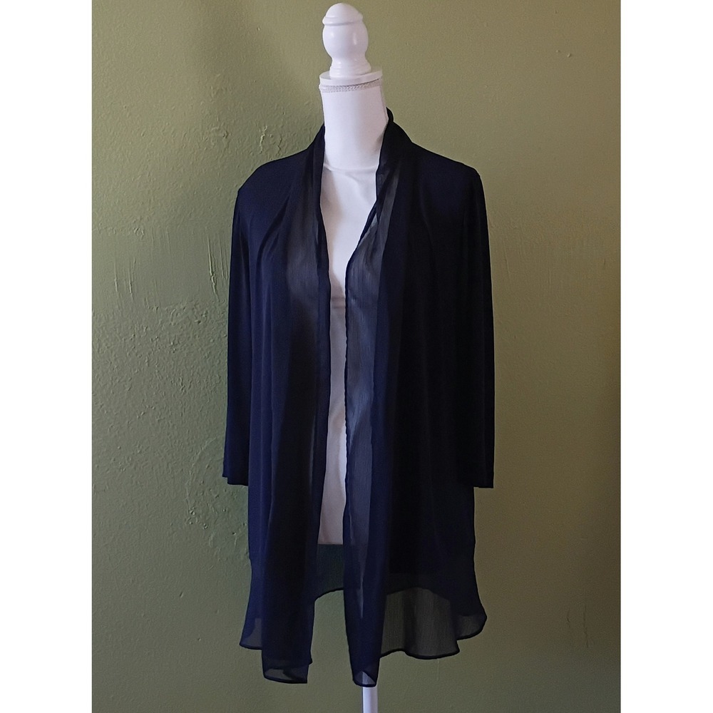 Lady of Leisure Cardigan Easywear Chico's Navy Blue Open Front Chiffon Trim Med